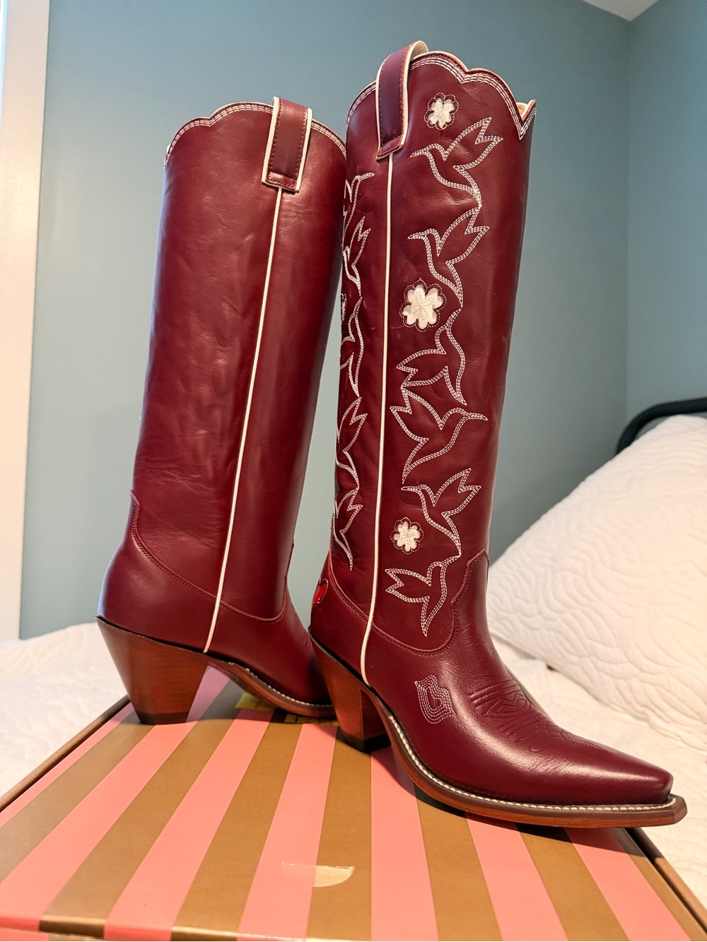 Women's Burgundy Western Embroidered Heeled Boots - Picture 5 of 10